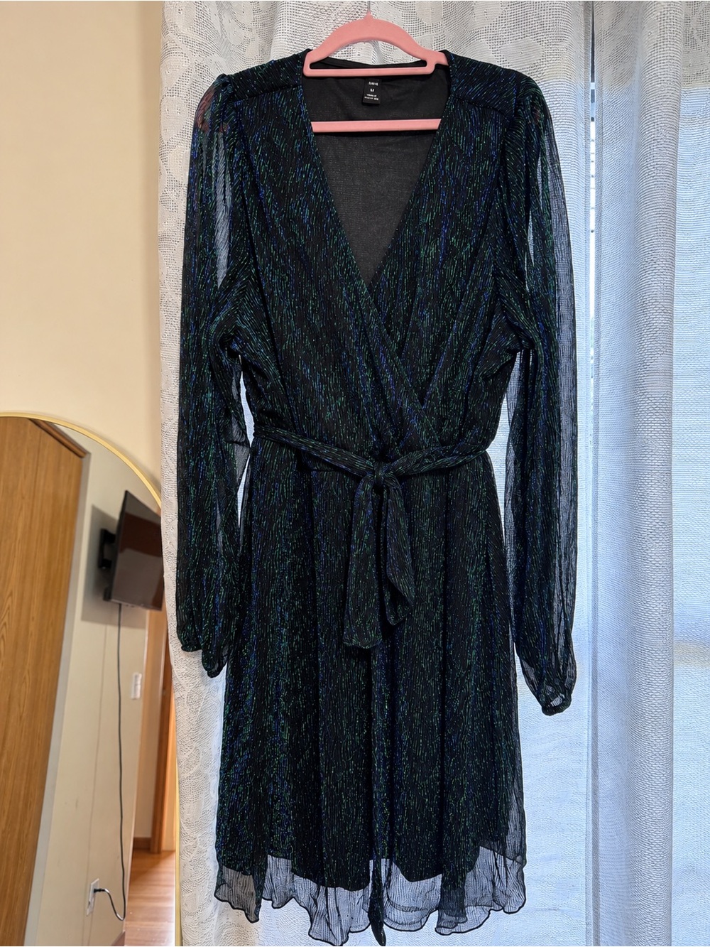 Chic Black Glitter Wrap Dress with Belt